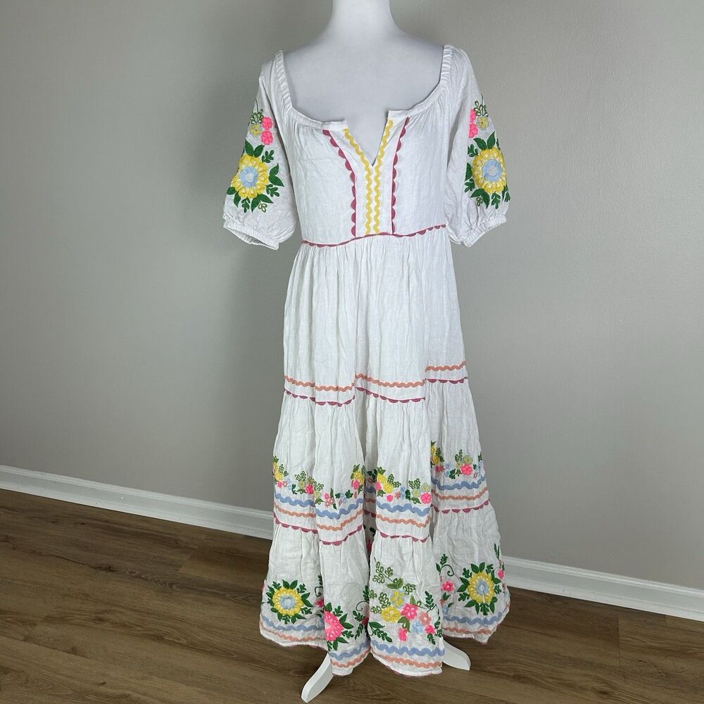 Roller Rabbit M Maxi Dress Embroidered White Tiered Floral Colorful Trim Linen